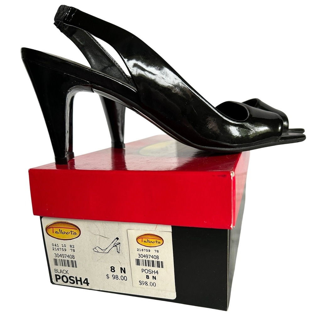 Talbots Women's Black Patent Leather Heels Square Open Toe Slingback 8 Narrow